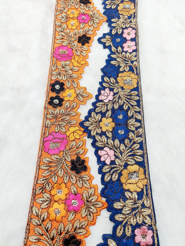 Art Silk Hand Embroidered Cutwork Lace Trim In Gold Floral Embroidery, Sari Border, Trim by Yard